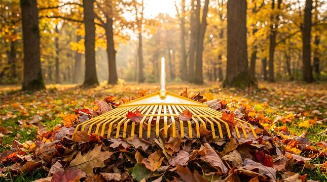 Autumn fall season garden rake with colorful fallen leaves in a park background seasonal landscape sunlight backyard maintenance agriculture environment countryside activity background