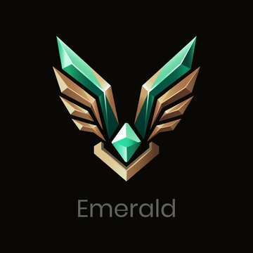 Emerald game rank badge, green crystal gem tier icon with wings. Vector game asset for user interface design.
