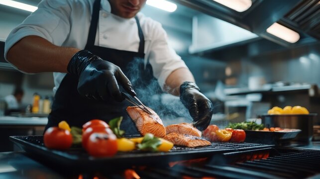 Chef's Culinary Masterpiece: A skilled chef, wearing black gloves and a chef's hat, artfully prepares a gourmet dish in a steamy commercial kitchen.