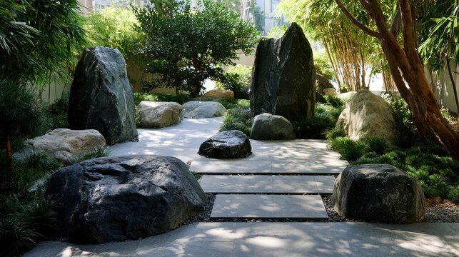 Zen garden landscape with large rocks and greenery