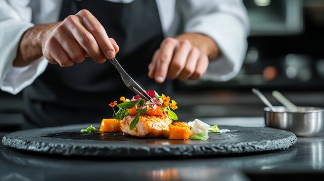 Culinary Artistry: A chef meticulously garnishes a gourmet dish, showcasing fine dining and culinary expertise in a professional kitchen setting.