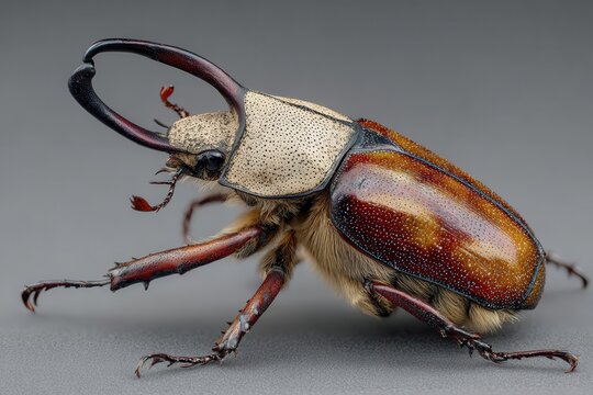 A striking stag beetle with powerful mandibles and an iridescent exoskeleton poses regally against a neutral backdrop, showcasing its intricate biological design.