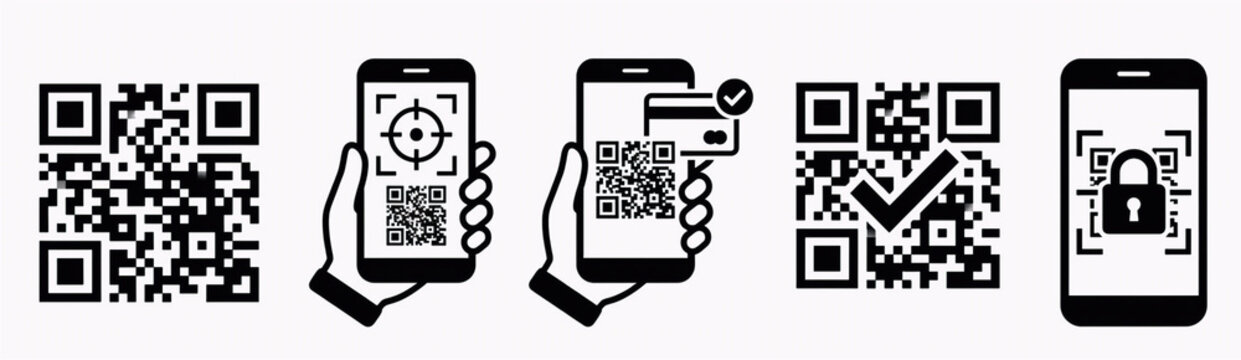 Digital payment and mobile barcode scanning round icon set,Verified QR code and barcode reader black icon collection,Mobile phone scanning QR code and security check icons,