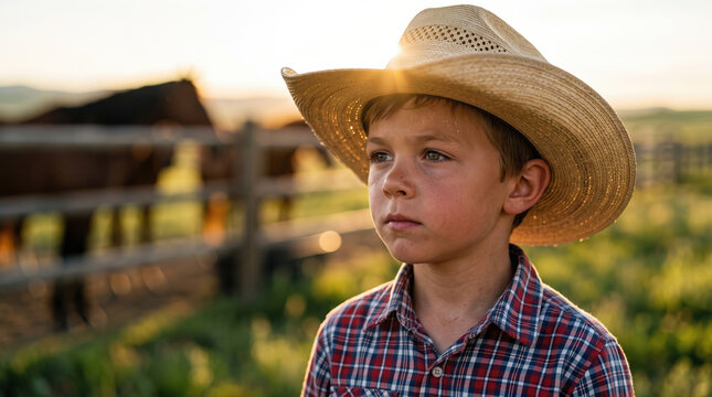 Young cowboy boy at sunset on a rural ranch
