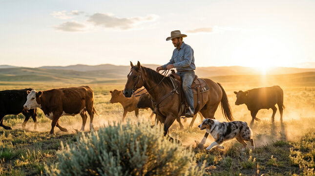 Herding Cattle on Horseback at Sunrise