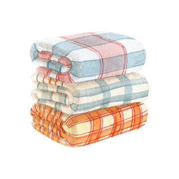 Watercolor illustration of a stack of cozy folded plaid blankets with checkered patterns. Hand drawn soft home textiles clipart in pastel and orange colors, isolated on white for autumn design.