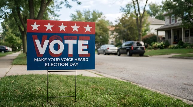 Vote make your voice heard election day sign in a suburban residential neighborhood