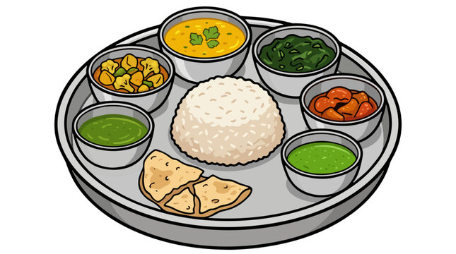 Nepali dal bhat thali platter with rice lentils curries and chutney vector illustration