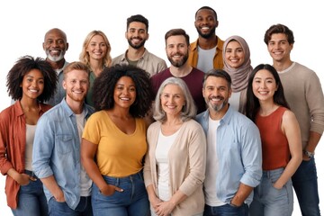 Fototapeta premium Diverse group of smiling people standing together against a white background.