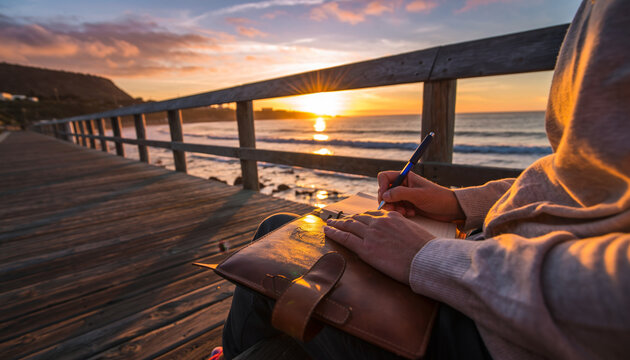 Person sitting on a wooden pier writing during sunset.