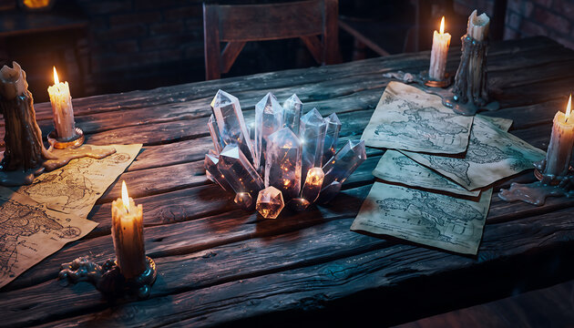 Ancient Wizard Table with Glowing Crystal Cluster, Candles and Magical Maps