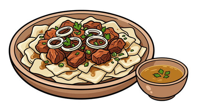 Beshbarmak boiled meat and noodles platter with shorpo broth bowl vector illustration