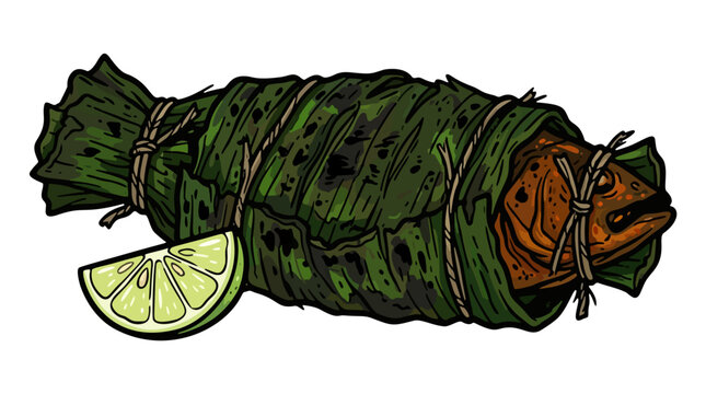 Grilled fish wrapped in banana leaf with lime vector illustration