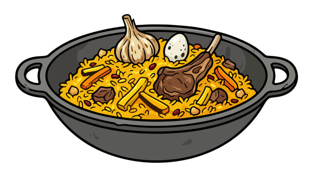 Uzbek plov pilaf rice dish with lamb and garlic in kazan vector illustration