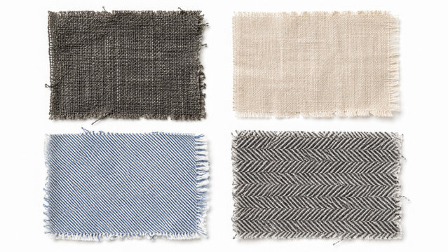 Set of four rectangular textile swatches with frayed edges including denim and linen on a transparent background