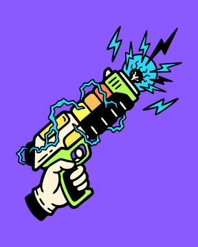 Retro comic style illustration of a hand holding a futuristic lightning ray gun.