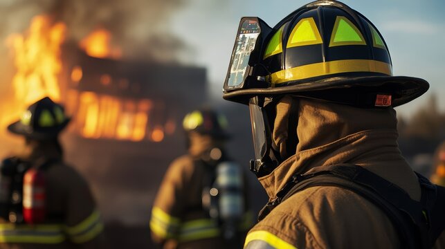 Firefighter's Vigil: A brave firefighter, clad in protective gear, stands stoically against a backdrop of roaring flames and a burning structure.
