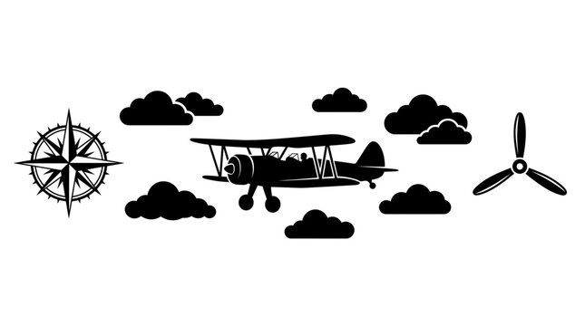 A classic vintage biplane, depicted in a sleek black silhouette, soars gracefully through a sky filled with stylized clouds, accompanied by a detailed compass rose and a separate propeller, symbolizin