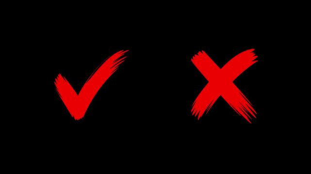 red check mark and red cross sign icon set for survey results and correct or wrong choice animation on transparent background.