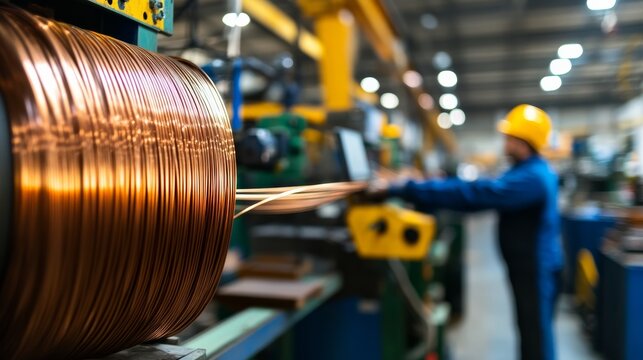 Industrial Copper Coil: A large spool of copper wire is prominently displayed in a factory setting, with a worker in the background operating machinery.