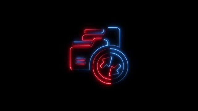 Neon data transfer folder animation: digital file sync and cloud computing concept