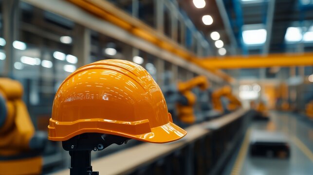Orange Hard Hat in Factory: An orange hard hat sits on a stand in the foreground, with a blurred industrial factory setting in the background featuring robotic arms and machinery.