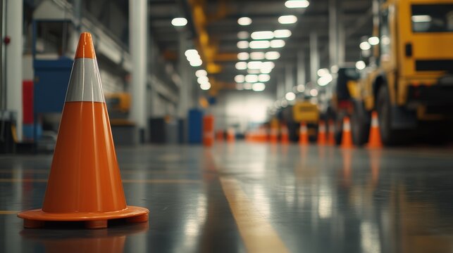 Traffic Cone in Factory Hall: An orange traffic cone stands prominently in a vast factory hall, illuminated by industrial lights, suggesting safety measures within an operational environment.