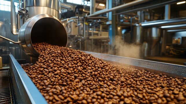 Freshly Roasted Coffee Beans Pouring: A close-up view captures freshly roasted coffee beans tumbling from a large industrial machine onto a conveyor belt, emitting a wispy trail of steam.
