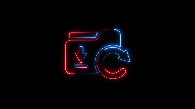 Neon folder download and refresh animation, digital data sync and file transfer concept