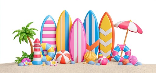 Obraz premium On a sunny tropical beach, colorful 3D surfboards and beach accessories are neatly displayed on the sand.