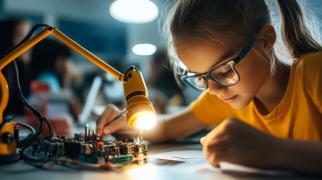 Young Inventor at Work: A focused young girl wearing glasses meticulously works on an electronic circuit board under the bright light of an adjustable lamp.