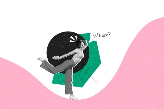 Creative art banner collage of cunning girl lookout direction where direction question mark mountain hill travel relocation