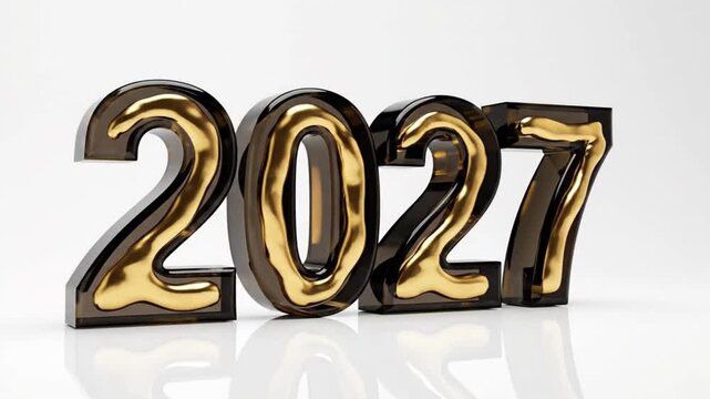 Futuristic year 2027 shiny metallic number display floating formation with synchronized formation against captures three dimensional