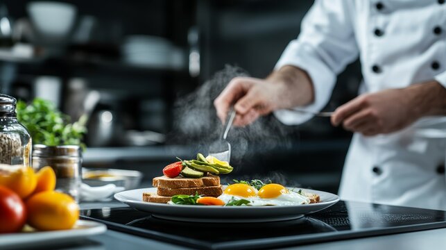 Gourmet Creation: A skilled chef meticulously plates a delectable breakfast, garnishing a perfectly fried egg with fresh herbs and avocado slices.