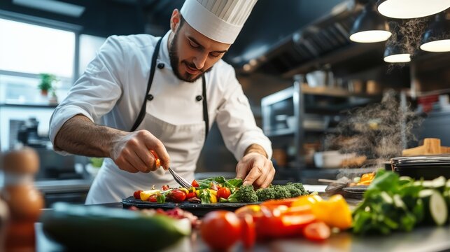 Culinary Artistry in Motion: A skilled chef in a pristine kitchen meticulously prepares a vibrant, fresh salad, showcasing dedication to the art of gastronomy.