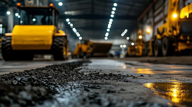 Road Construction Scene: Heavy machinery like excavators and rollers are parked in a dimly lit industrial warehouse, hinting at ongoing road construction or maintenance projects.