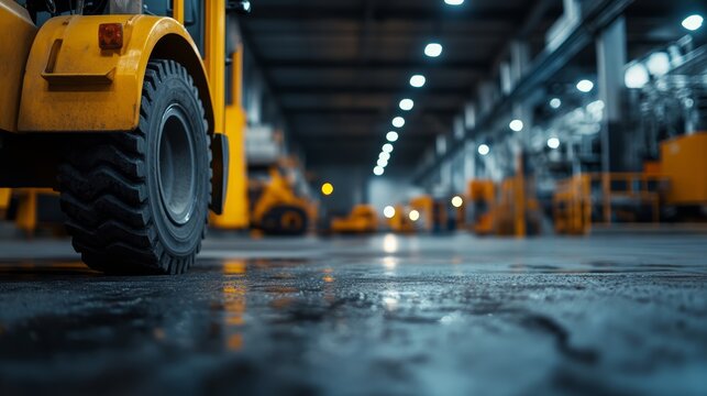 Forklift in Warehouse: A close-up view of a yellow forklift's tire inside a dimly lit industrial warehouse, with other forklifts and machinery visible in the blurred background.