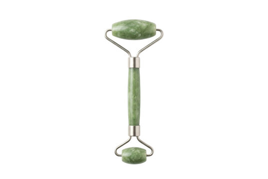 Green jade facial roller for skincare beauty treatment on black background