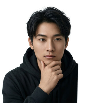 Coder developer programmer East Asian male thinking about secure technology isolated on a transparent background with copy space