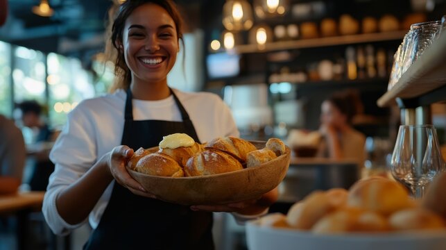 Bakery Delight: A smiling female server proudly presents a rustic bowl filled with freshly baked pastries, offering a warm invitation to indulge in sweet treats within a cozy cafe atmosphere.