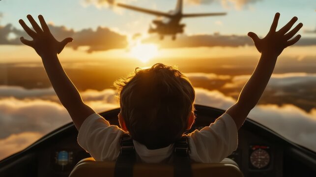 Child Pilot's Dream: A young boy with arms outstretched gazes at a plane flying above clouds at sunset, experiencing a sense of wonder and freedom.