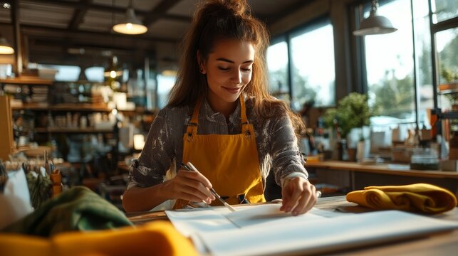 Artisan at Work: A focused artisan, adorned with a yellow apron, meticulously sketches on paper.