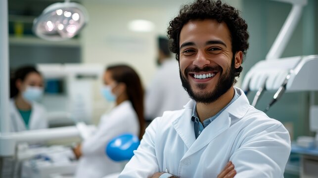Smiling Dentist in Clinic: A confident and friendly dentist with a warm smile stands proudly in a modern dental clinic, with colleagues blurred in the background, ready to provide expert care.