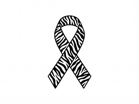 Zebra print awareness ribbon for rare disease. Black and white striped medical ribbon icon. Rare illness support symbol on white background.