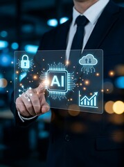 Obraz premium Person's finger touching ai interface with artificial intelligence