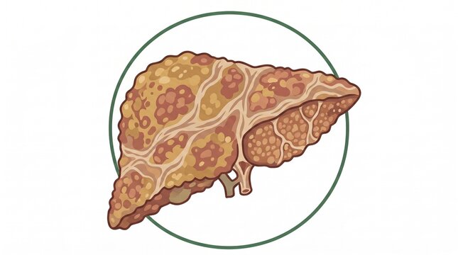 Cirrhosis liver illustration, diseased human organ with fibrosis and scarring, medical diagram of unhealthy liver anatomy