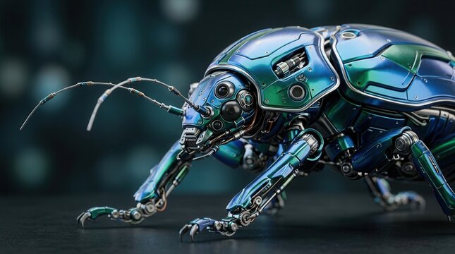 Macro close-up of a biomimetic robotics concept with a futuristic mechanical insect robot and reflective metallic blue and green armor