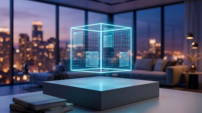 Real estate investment business data presentation template with a blank holographic screen display mockup in a luxury apartment office