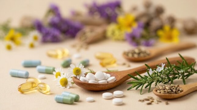 Natural herbal remedies and supplements with assorted botanicals in a clean flat lay for an alternative health and wellness concept.