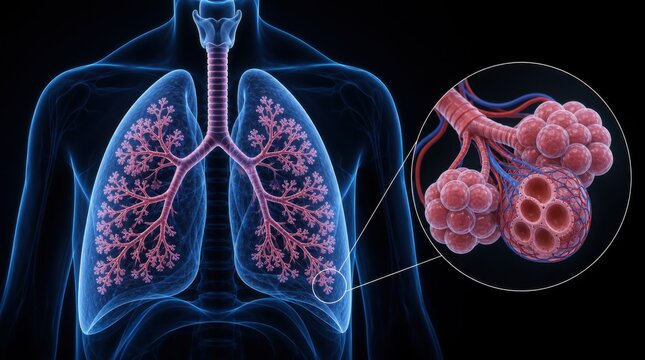 Illustration of human lungs highlighting the bronchial tree and detailed alveoli structure, showing respiratory anatomy and gas exchange units.